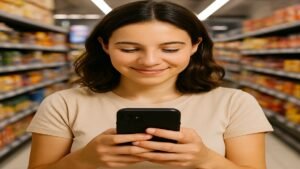 Mulher sorridente usando smartphone em corredor de supermercado iluminado, cercada por prateleiras de produtos
