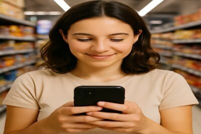 Mulher sorridente usando smartphone em corredor de supermercado iluminado, cercada por prateleiras de produtos