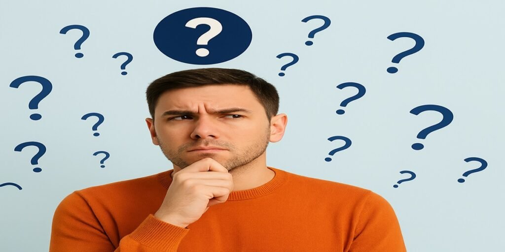 Pessoa pensativa com fundo azul e vários pontos de interrogação ao redor, simbolizando dúvida ou reflexão