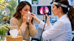 Paciente com sintomas de alergia sazonal sendo avaliada por otorrinolaringologista durante consulta médica para diagnóstico e tratamento de rinite alérgica e problemas respiratórios.