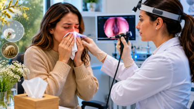 Paciente com sintomas de alergia sazonal sendo avaliada por otorrinolaringologista durante consulta médica para diagnóstico e tratamento de rinite alérgica e problemas respiratórios.