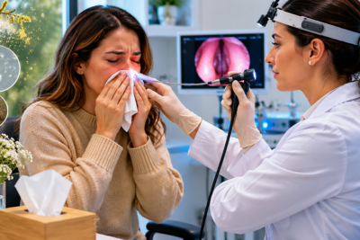 Paciente com sintomas de alergia sazonal sendo avaliada por otorrinolaringologista durante consulta médica para diagnóstico e tratamento de rinite alérgica e problemas respiratórios.
