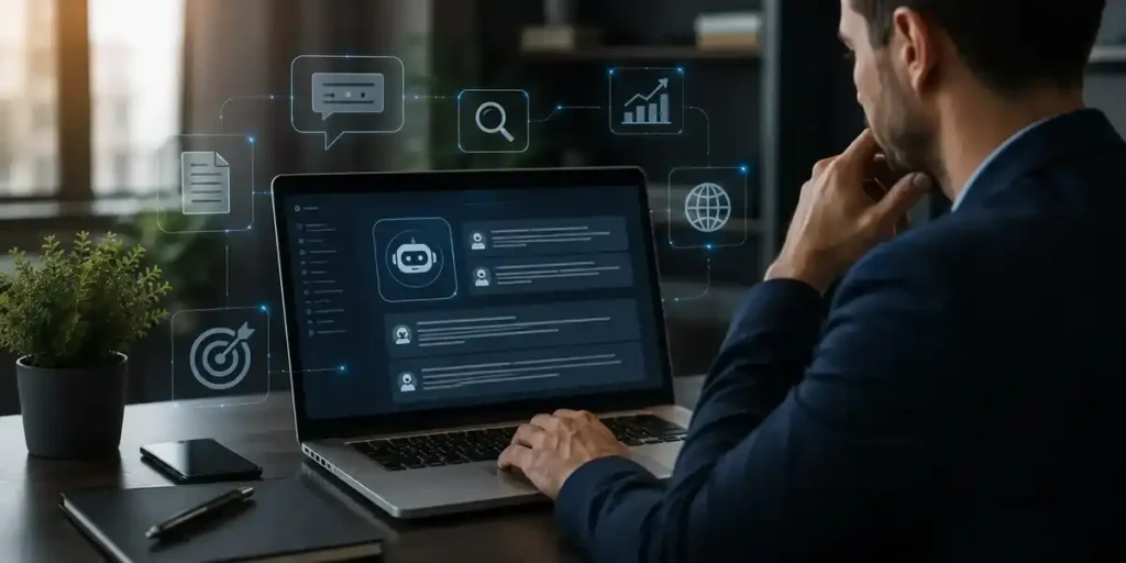 Profissional analisando plataforma de inteligência artificial em notebook com elementos digitais de busca, conteúdo e autoridade online, representando estratégias para aparecer nas respostas do ChatGPT e outras IAs.