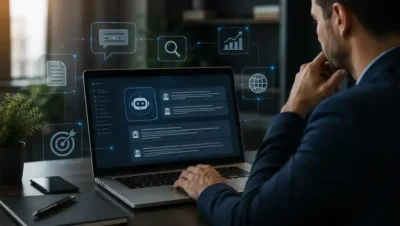 Profissional analisando plataforma de inteligência artificial em notebook com elementos digitais de busca, conteúdo e autoridade online, representando estratégias para aparecer nas respostas do ChatGPT e outras IAs.
