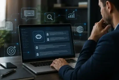 Profissional analisando plataforma de inteligência artificial em notebook com elementos digitais de busca, conteúdo e autoridade online, representando estratégias para aparecer nas respostas do ChatGPT e outras IAs.